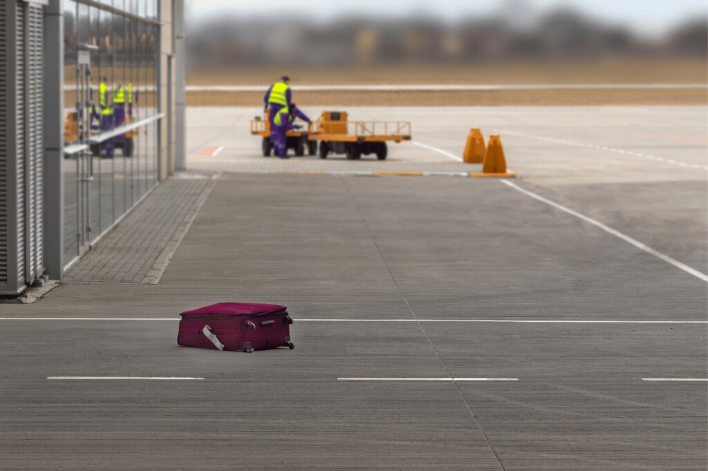 Mala perdida no pátio do aeroporto extravio de bagagem 